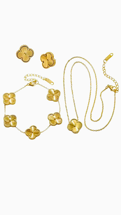 Liora Clover SET- Bracelet, Necklace, Earrings - Stainless Steel, 18 Gold Plated