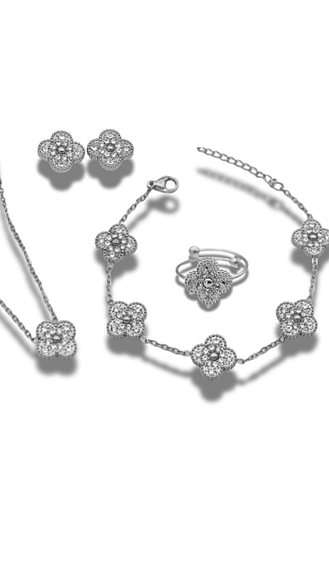 Liora Glow Clover Full Collection- Bracelet, Necklace, Earrings & Ring - Stainless Steel, 18K Gold Plated