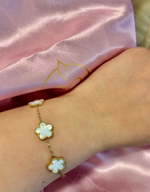 White & Gold Flower Bracelet - Stainless Steel, 18K Gold Plated