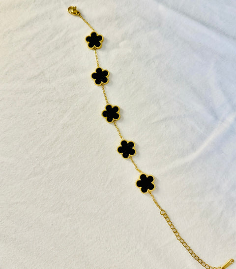 Black & Gold Flower Bracelet - Stainless Steel, 18K Gold Plated