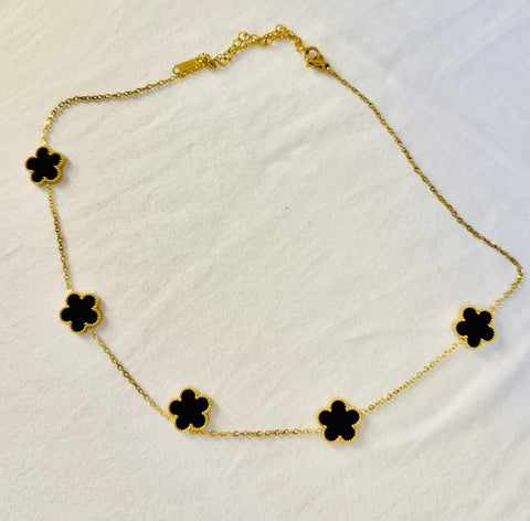 Black & Gold Flower Necklace - Stainless Steel, 18K Gold Plated