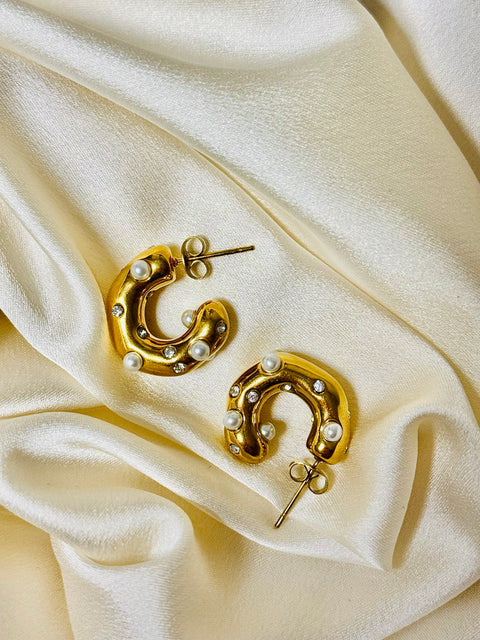 Golden Glow Pearl Hoop Earrings- 18K Gold Plated